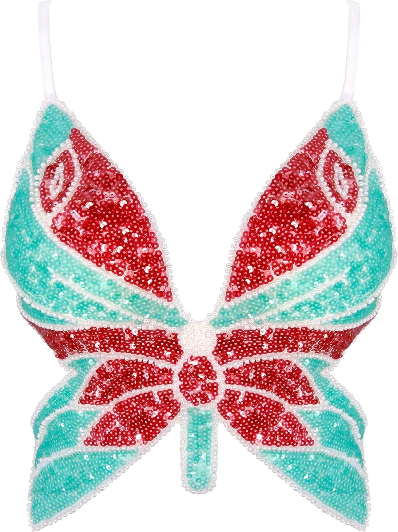 Mocure Womens Glitter Sequin Butterfly Crop Top Low-Cut Tank Top Rave Tube Vest Top for Belly Dance Costume Outfits - Image 1